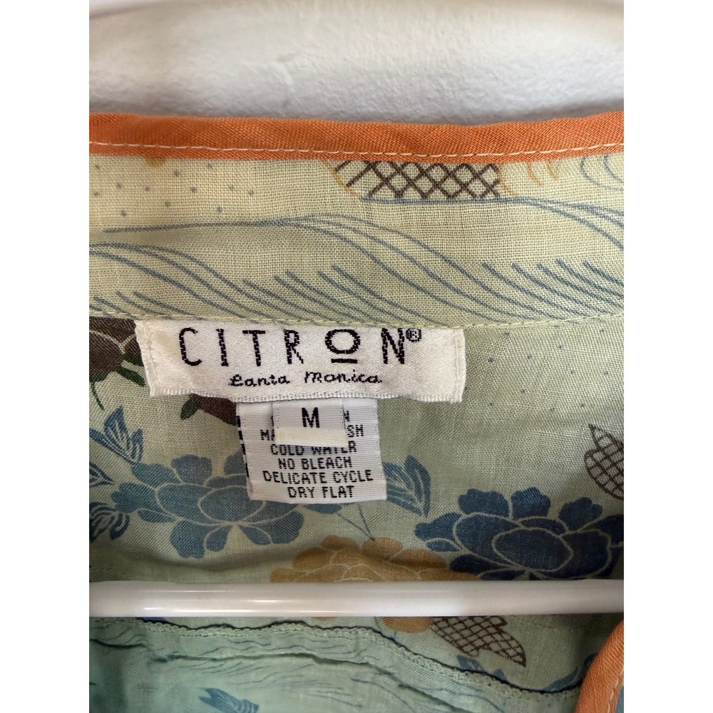 Citron Santa Monica Linen BlouseEmbroidered Chinoiserie Frog Button Sage Green M